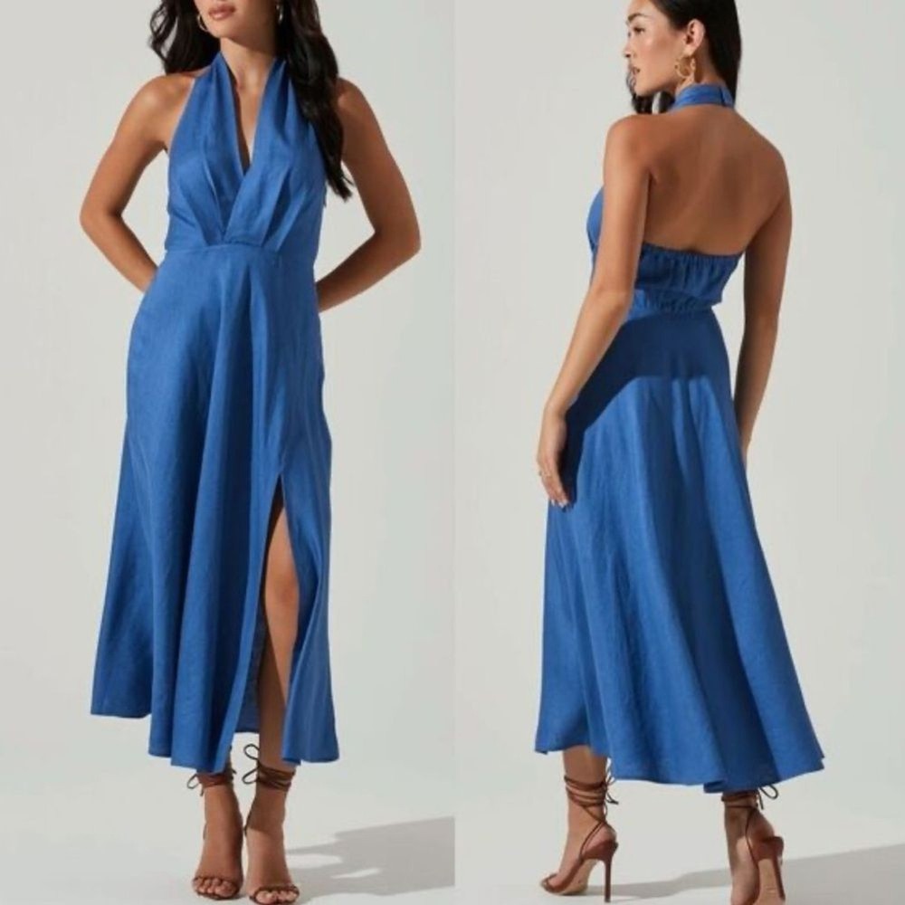 ASTR The Label Revolve Keava Halter Midi Dress Blue Linen Womens Size Small