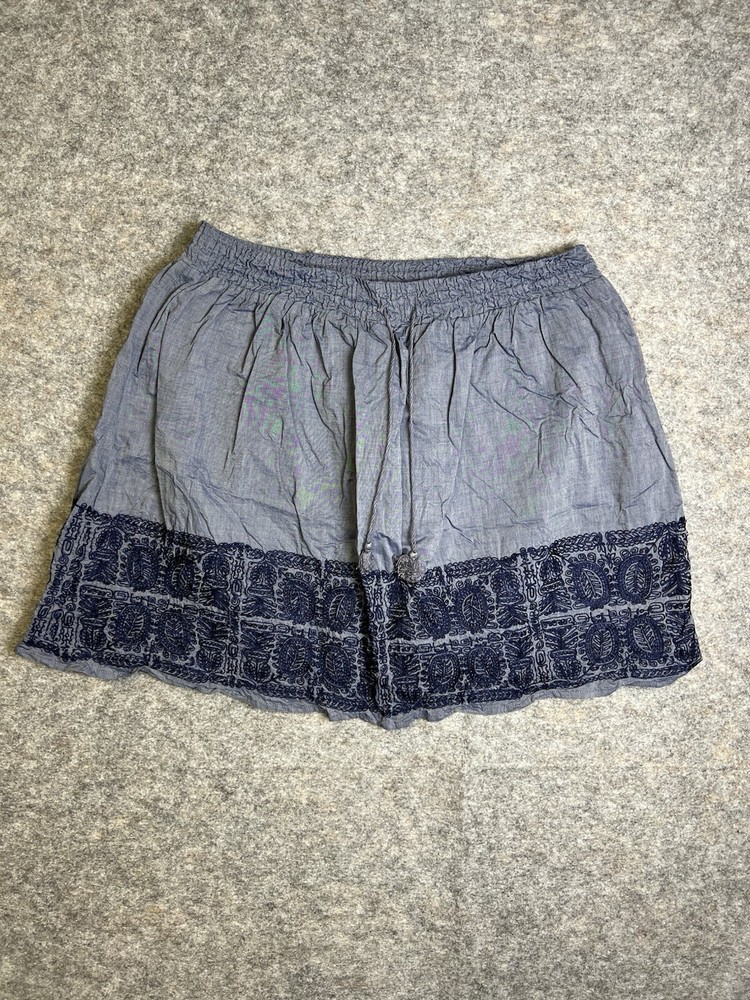 J Crew Skirt Women Sz XL Blue Navy A-Line Embroidered Tassels Elastic Waist Leaf
