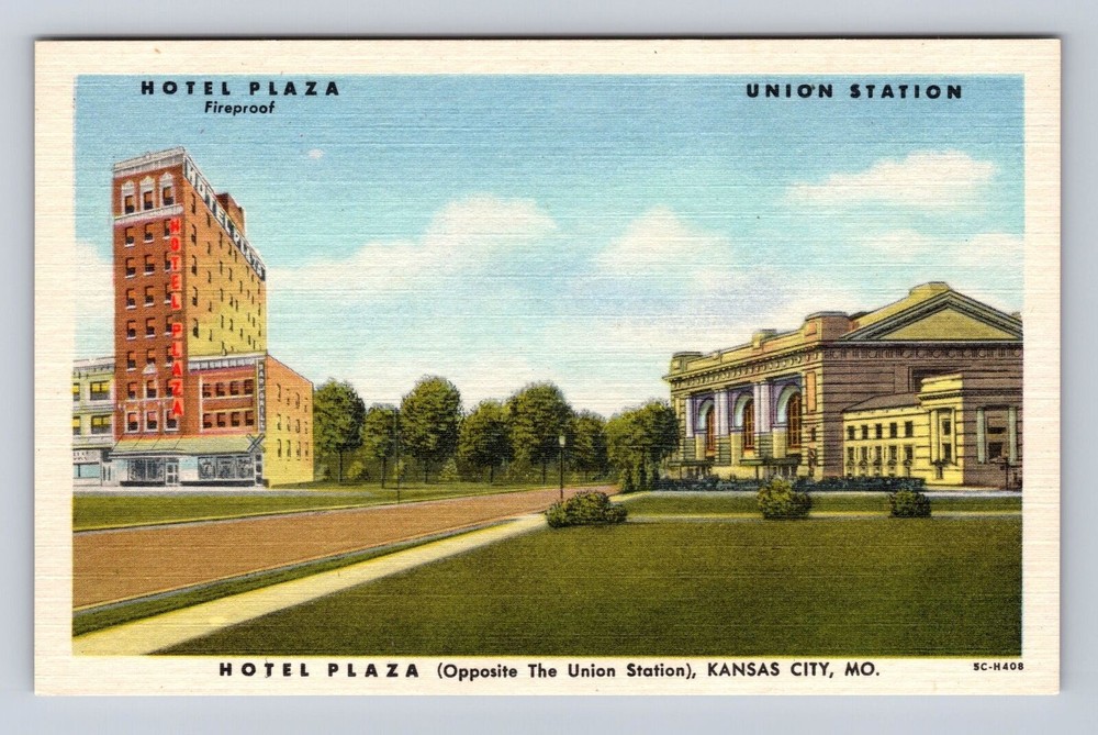 Kansas City MO-Missouri, Hotel Plaza, Union Station Advertising Vintage Postcard