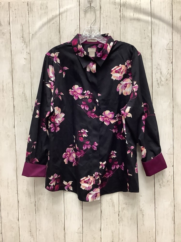 Chicos Black With Pink&Orange Floral Button Up Blouse Chico Size 3/US XL 0428-12