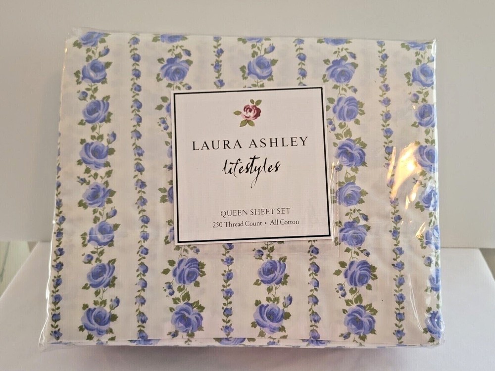 Laura Ashley QUEEN SHEETS 4pc SET BLUE Floral Vintage 100% Cotton