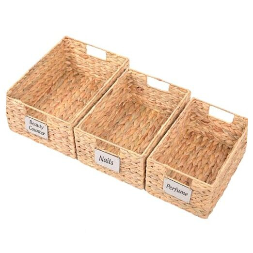 Woven Water Hyacinth Storage Baskets Set of 3 for 16.3 Inch Shelves