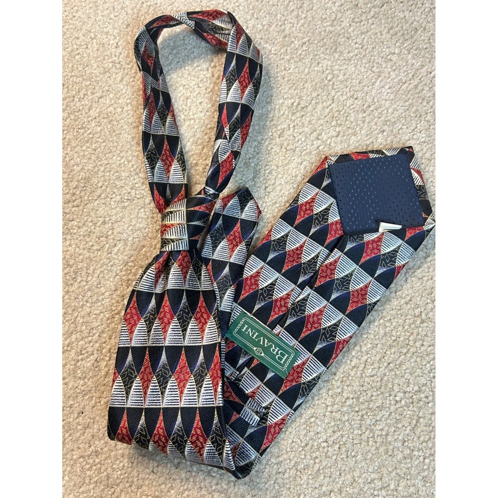 BRAVINI Mens Geometric Pattern Silk Necktie Red Black White Blue Luxury