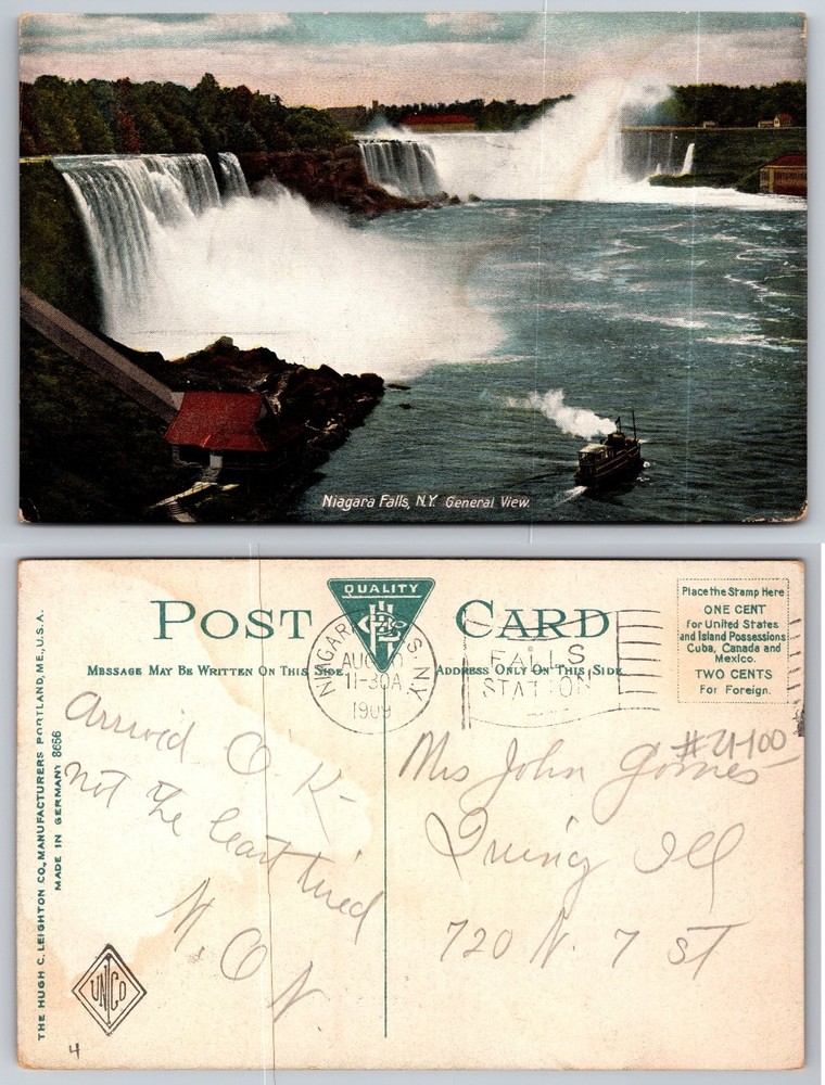 Niagara Falls NY General View Postcard 1909 Posted Hugh C. Leighton