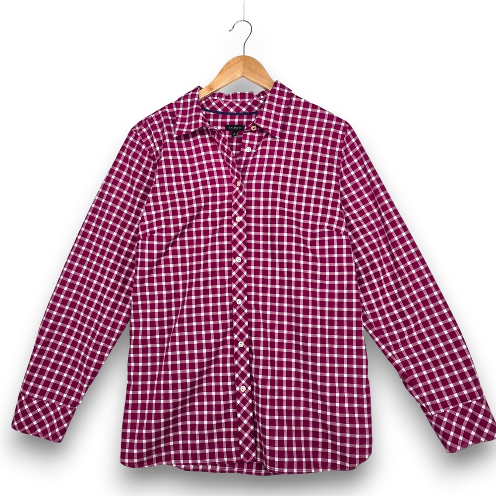 Talbots Top Large Pink White Plaid Button-Front Shirt Stretch Cotton Women's