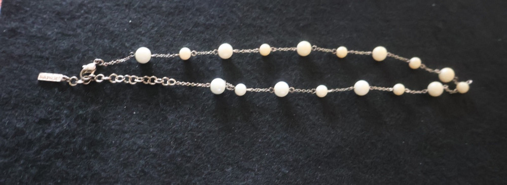 Vintage NAPIER Silver Tone Faux Pearl Station Chain Necklace Adjustable Signed