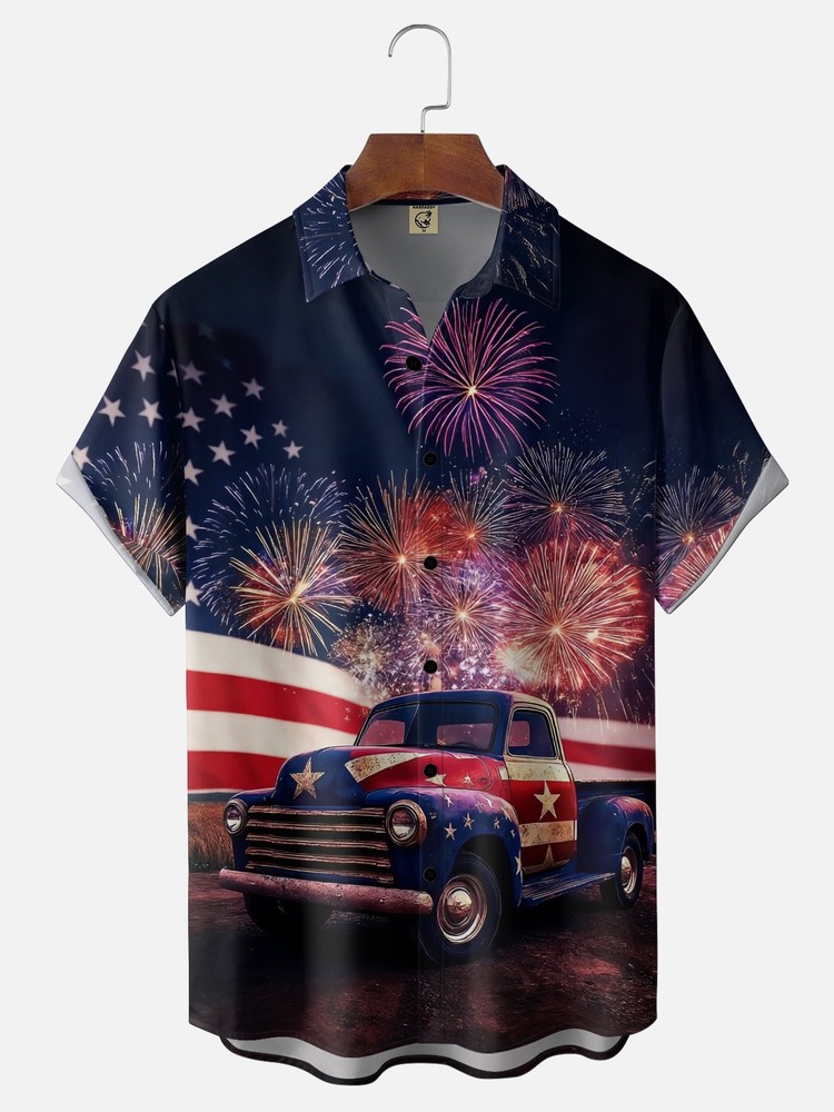 Independence Day American Flag Car Chest Pocket Casual Shirt