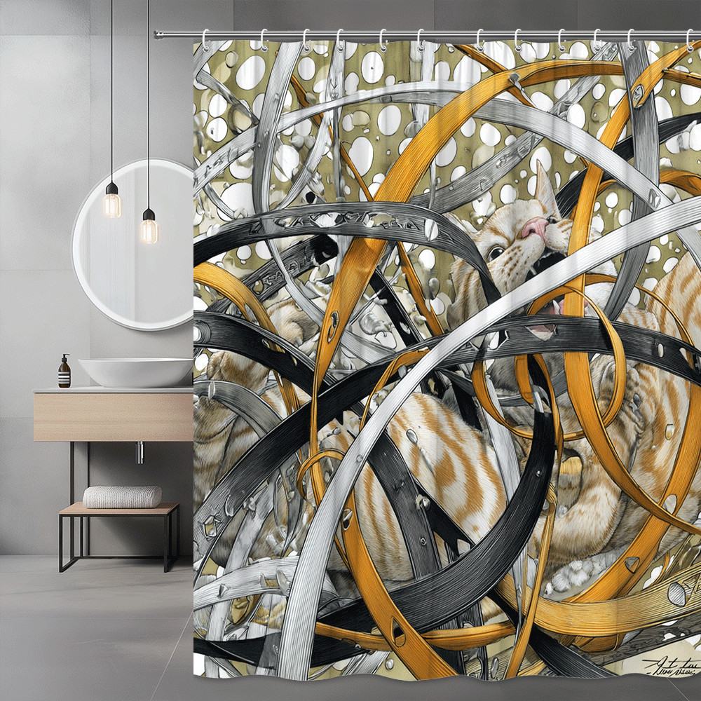 Cat Shower Curtain Abstract Graphic Print Black White Gold-image