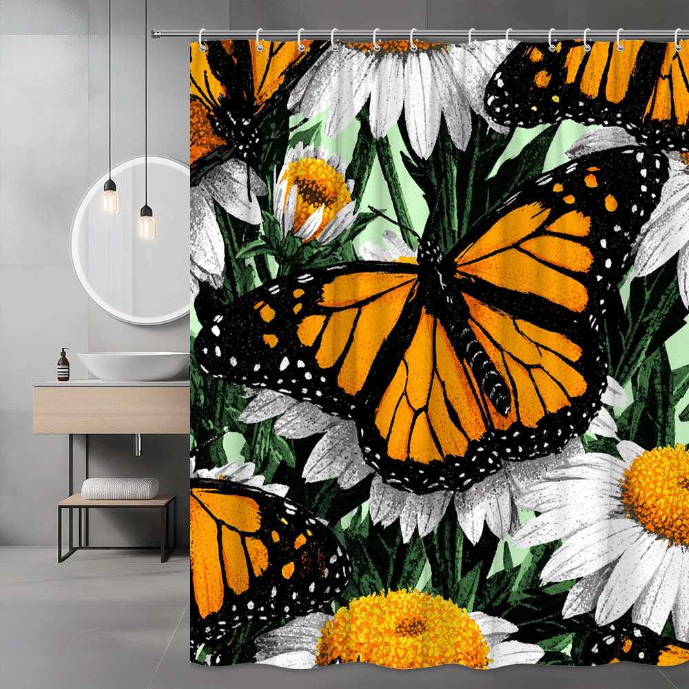 Monarch Butterfly Floral Shower Curtain, Orange Black White Print