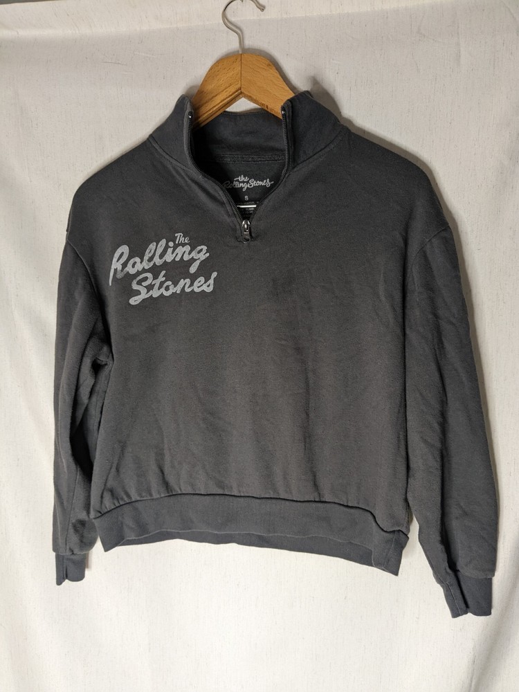 THE ROLLING STONES Sweatshirt Womens Small Gray Checkered Lips 1/4 Zip Pullover