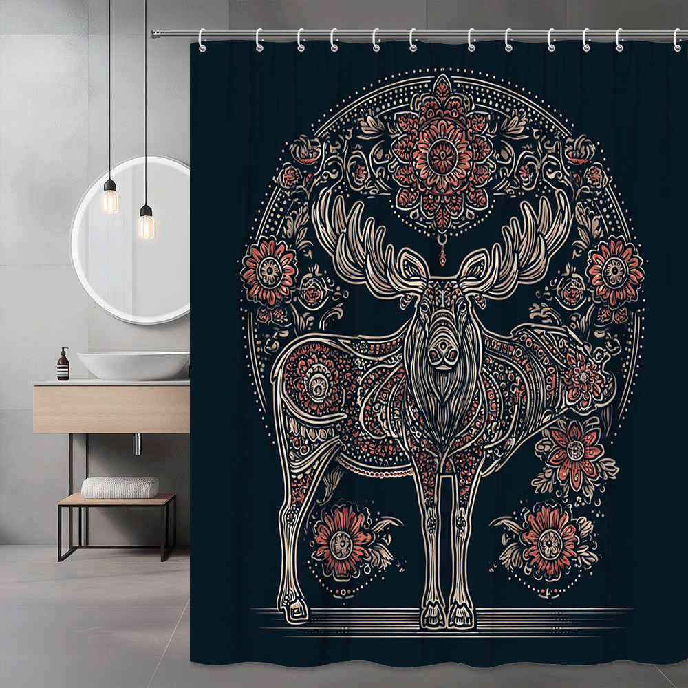 Boho Deer Floral Shower Curtain, Dark Graphic Moose Print