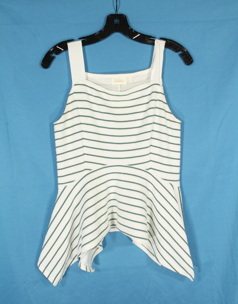 DELETTA Anthropologie WHITE w/GREEN STRIPES Shark Bite Hem PEPLUM TANK TOP Sz S