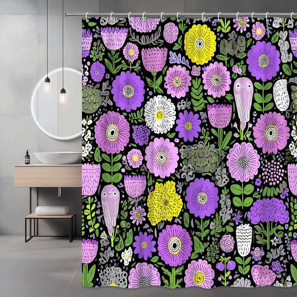 Floral Shower Curtain Purple Pink Yellow Black Print