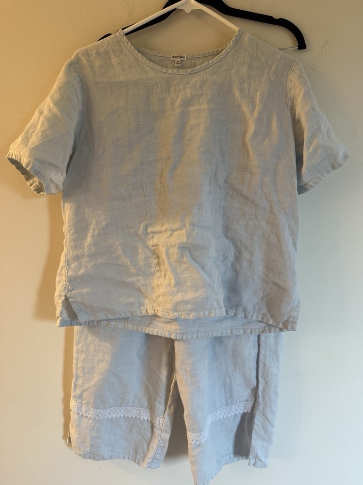 100% Linen two piece set Light Blue top and Pant elastic waist Crochet Details