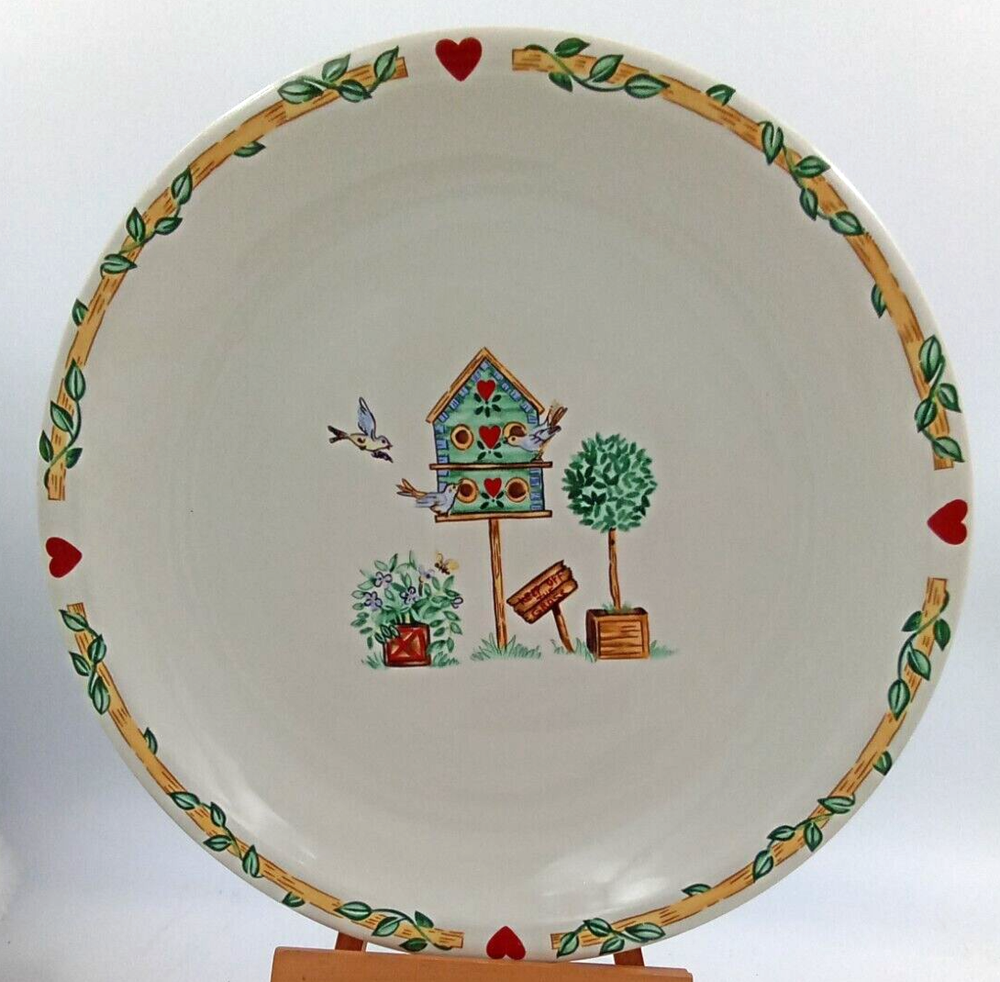 Thomson Pottery Birdhouse Serving Platter Round Floral Heart Sign Greenery White