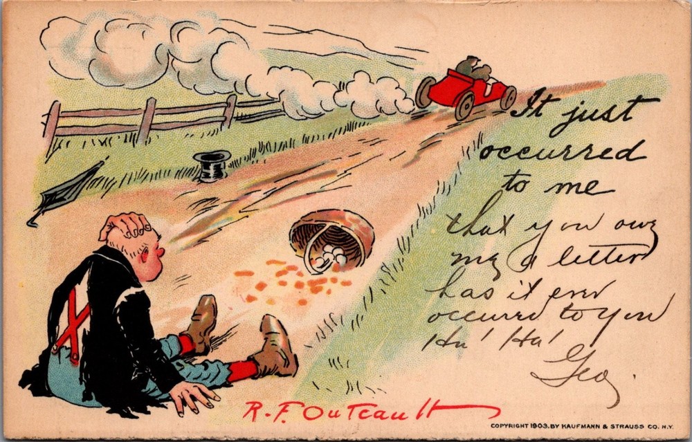 R.F. Outcault 1903 Comic Postcard - Man, Spilled Eggs, Car - Kaufmann & Strauss
