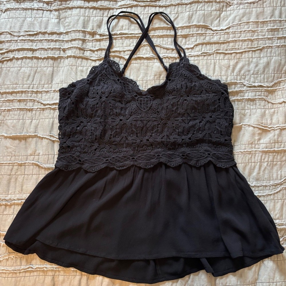 Vintage XL Babydoll Tank Black Crochet Lace Top Flowing Bottom Adjustable Y2K