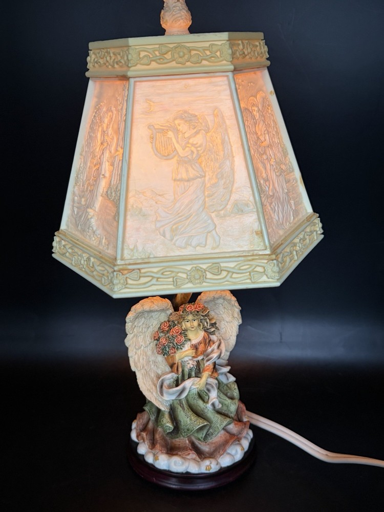 VTG Lithopane Resin Angel Lamp Ivory Plastic Hexagon Shade W/ Angel Scenes