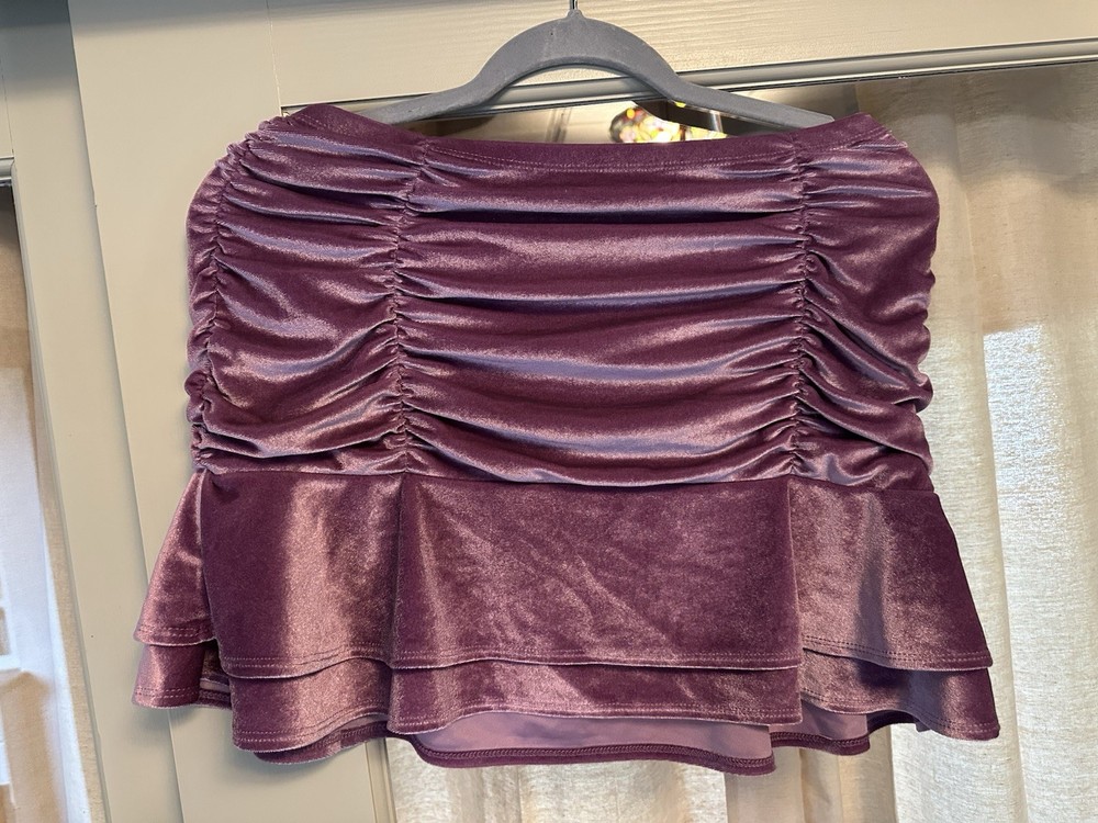 Wild Fable Purple Velvet Ruched Ruffle Mini Skirt S Stretch Pull On/ tube top