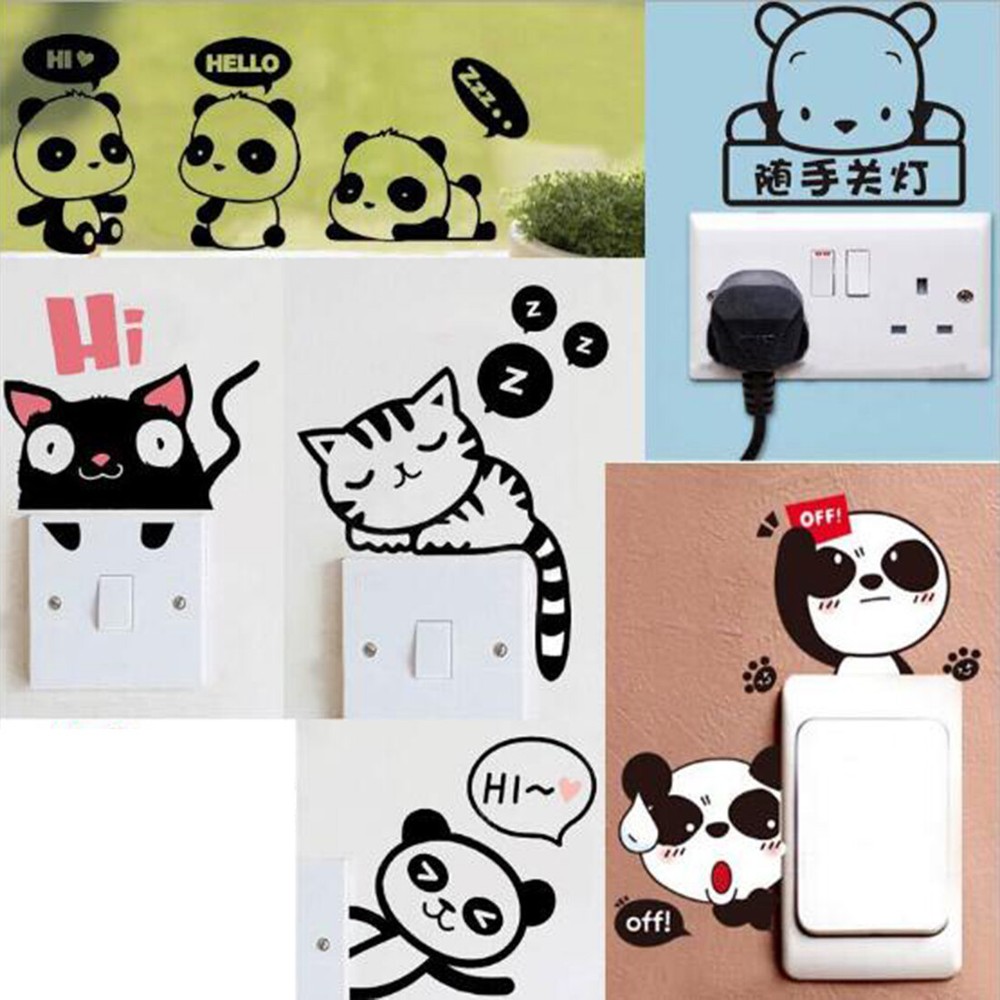 Funny Panda Cat Switch Sticker Black Art Decal for Wall Decor