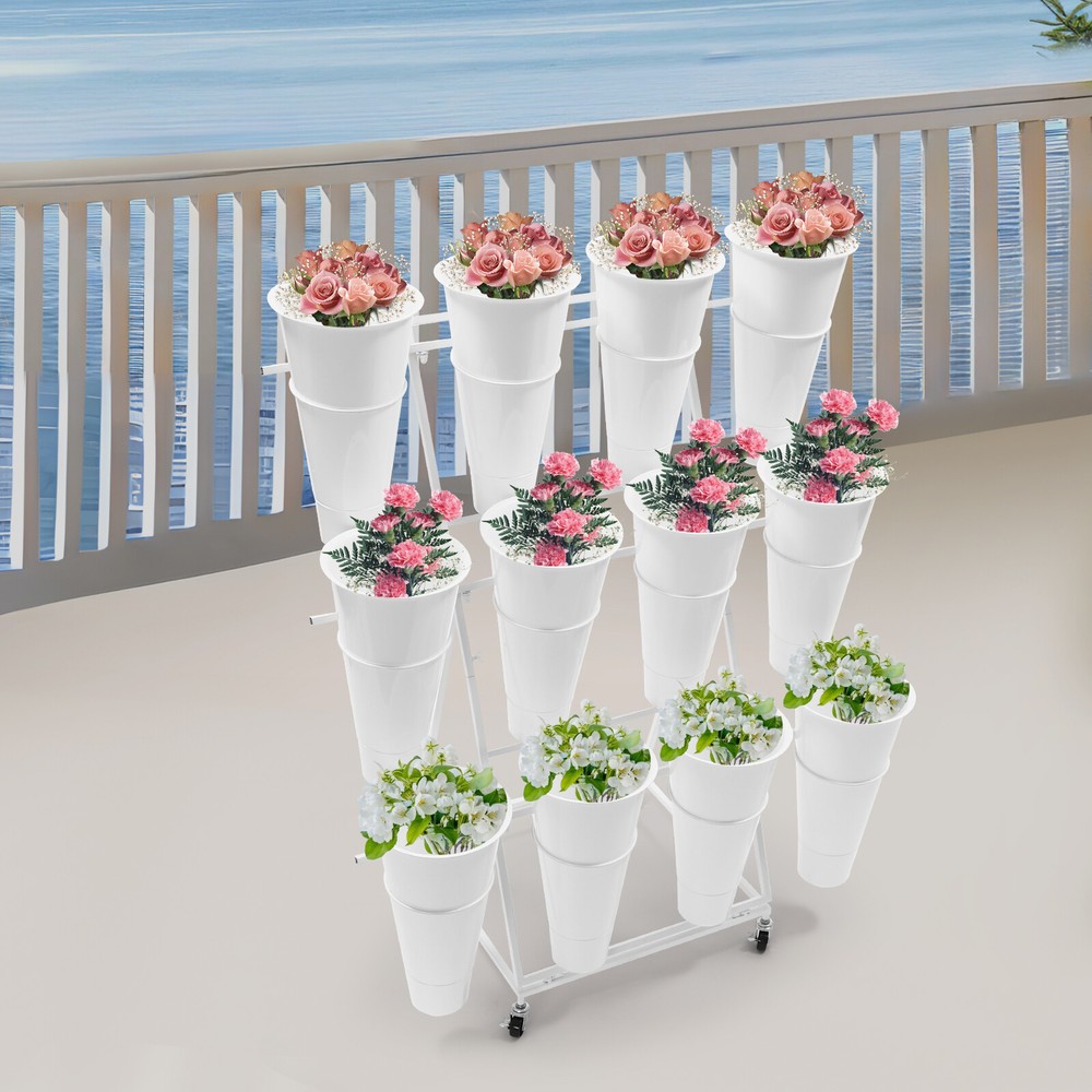 3 Tier Plants Holder With Wheels Mental Flower Display Stand + 12 Pcs Buckets