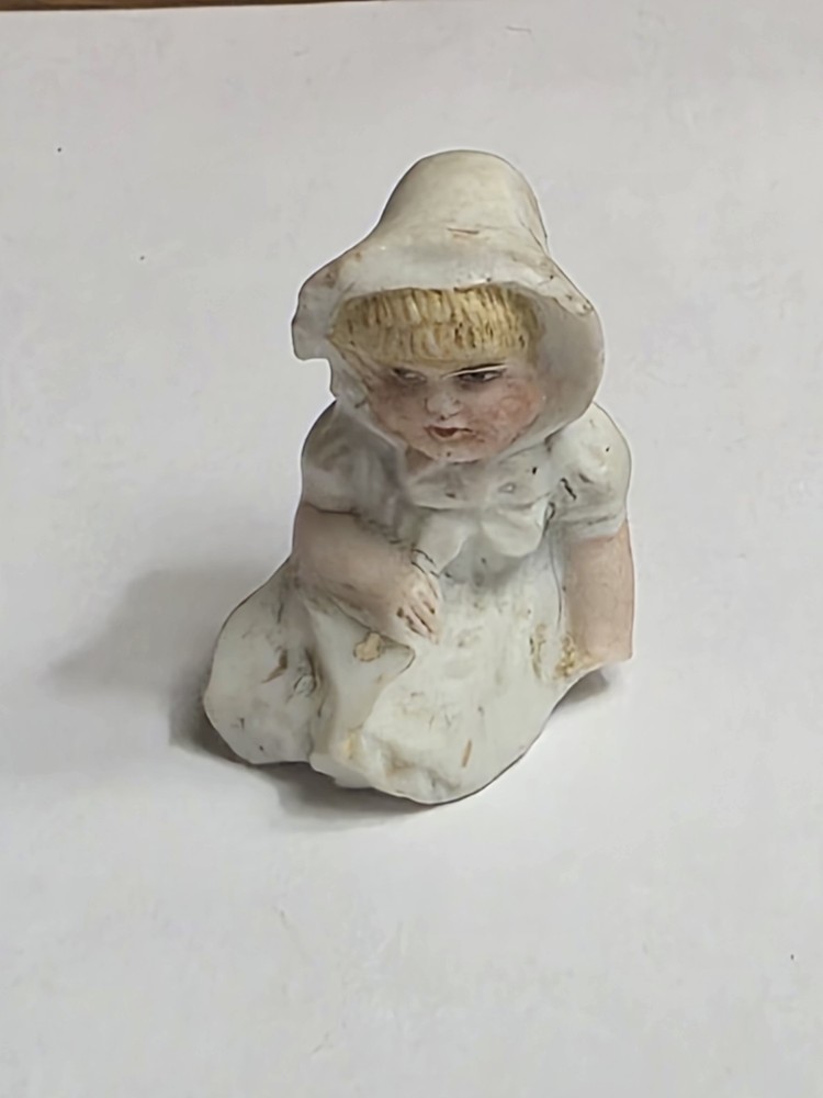 Antique German Dollhouse Miniature Bisque Girl Piano Baby Figure Figurine 1.5
