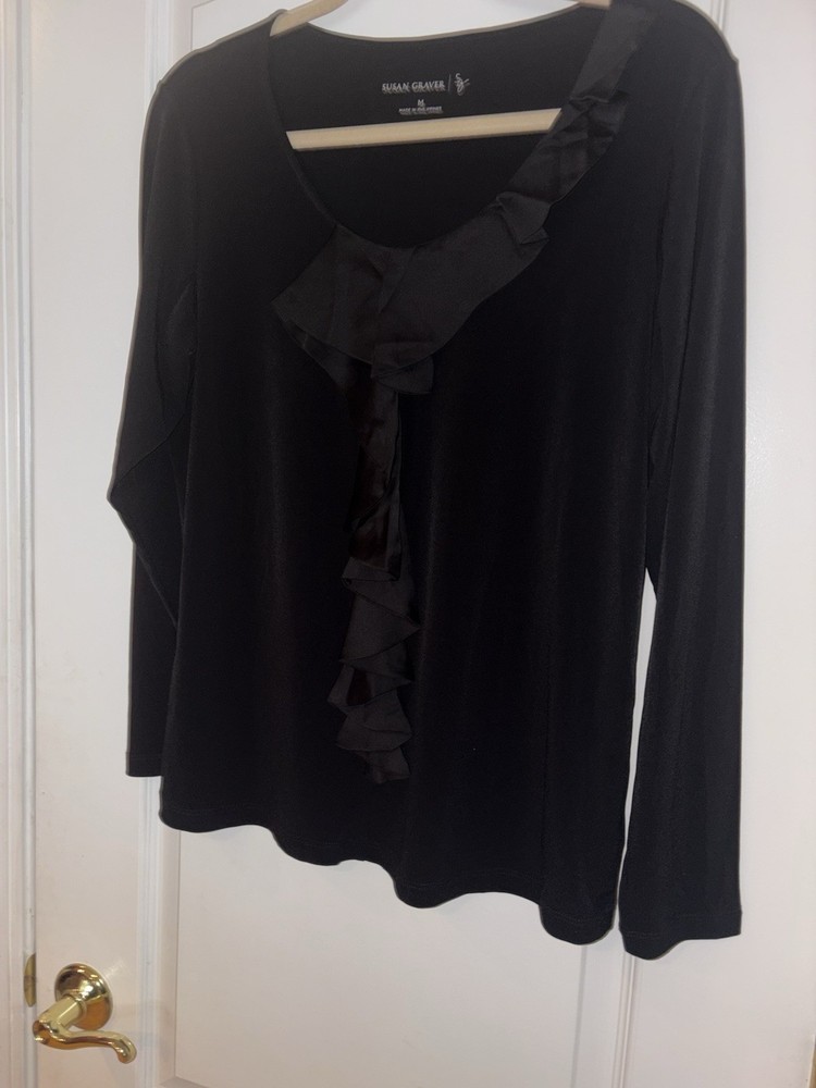 Susan Graver Black Liquid Knit  Pullover Ruffle Blouse Long Sleeve Women's M