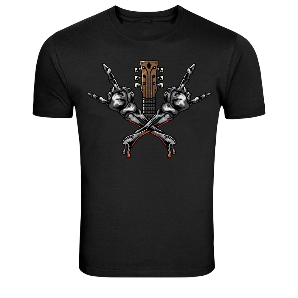 Rock Hand Skeleton Guitar Skull Music Graphic T-Shirt