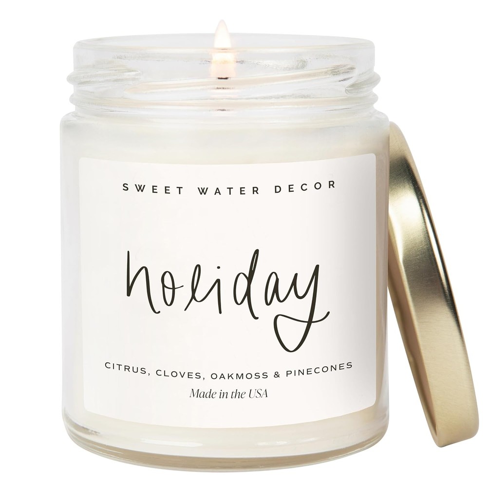 Holiday Candle by Sweet Water Decor with Cloves Pine Scent in White Script Label  