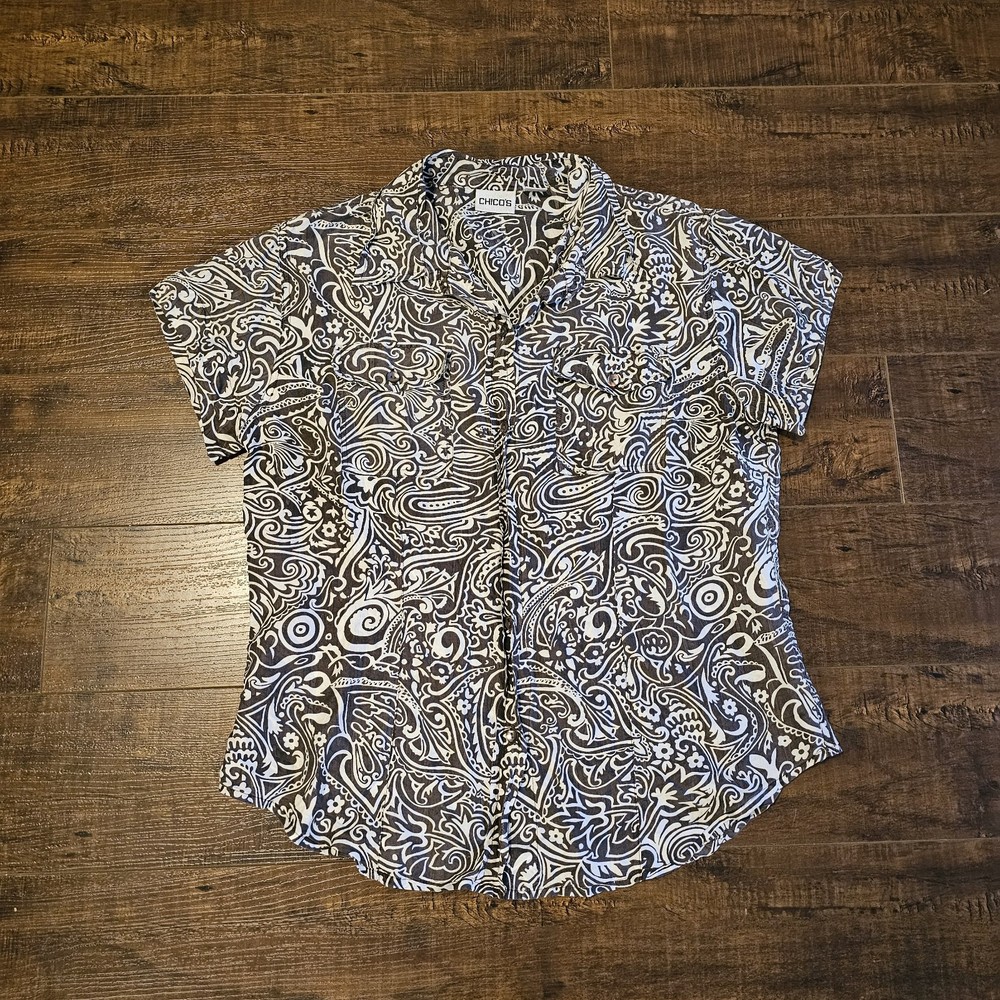 Chico’s Size 1 Medium Paisley Scroll 100% Silk Button Front Blouse Shirt Top