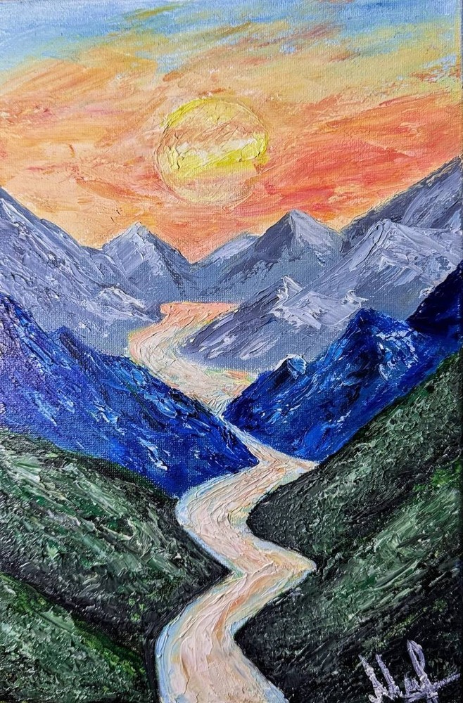 Original landscape oil painting, new, signed, mountains, river