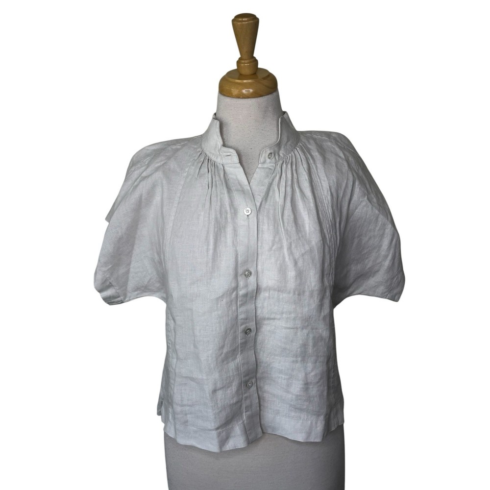 AYR The Bloom Short Sleeve Button Up Blouse 100% Linen Ivory Tan Size XS