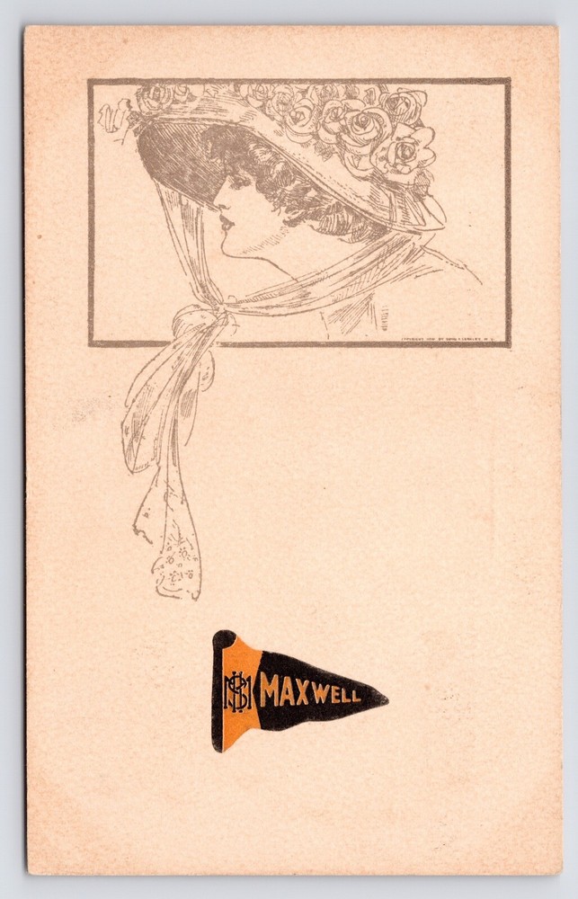 c1911~Maxwell Iowa IA~High School Penant Flag~Victorian Lady~Antique Postcard