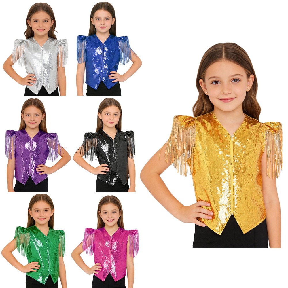 US Kids Sequin Tassel Vest Shiny Fringe Cap Sleeve Zipper Jacket Disco Dance Top