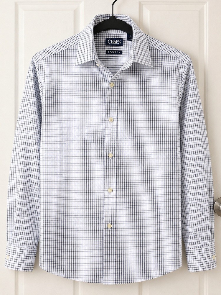 Chaps Boys Plaid Long Sleeve Button Up Blue White Stretch Dress Shirt M 10/12