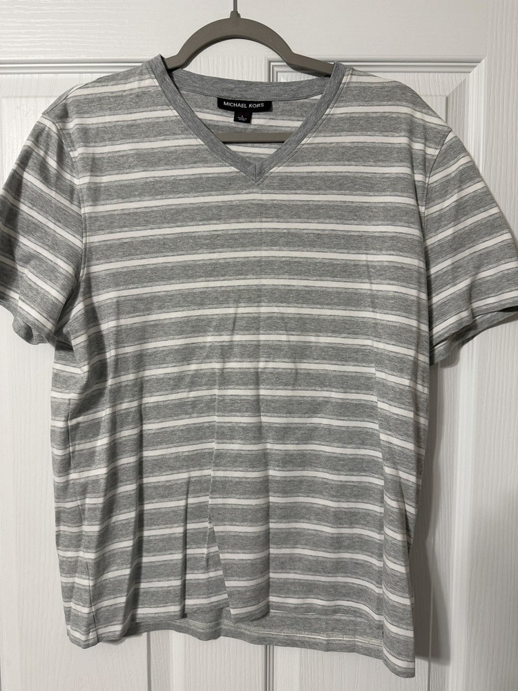 Michael Kors Men's Striped V-Neck T-Shirt Gray White Cotton Jersey Logo L