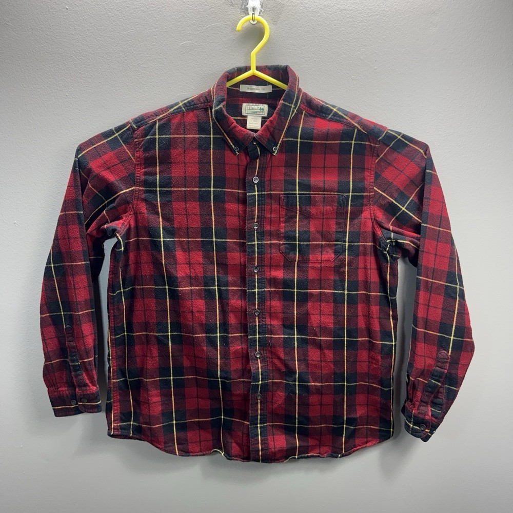 LL Bean Scotch Plaid Flannel Shirt Trad. Fit Men’s Large Red Black Yellow 228061