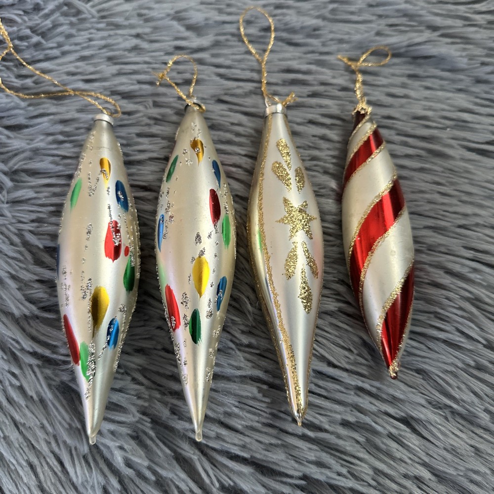 Lot of 4 Vintage Mercury Glass Icicle Christmas Ornaments Teardrop Glitter