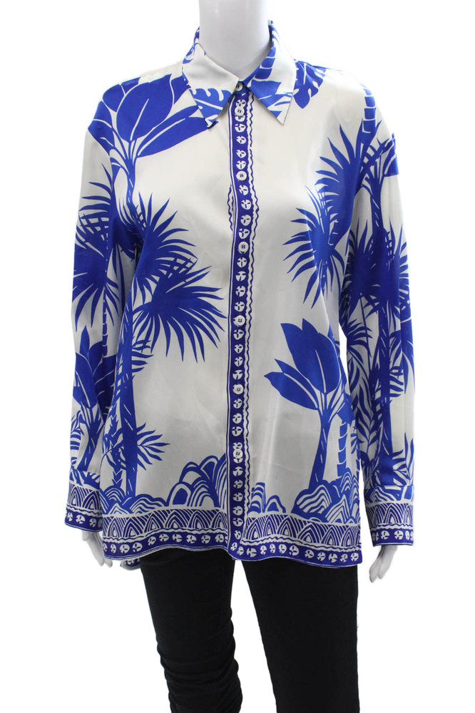 Zara Women Blue Collared Graphic Button-Up Blouse Long Sleeve Size XSFree Shipping in US $100+ Orders | $6.95 Orders Below