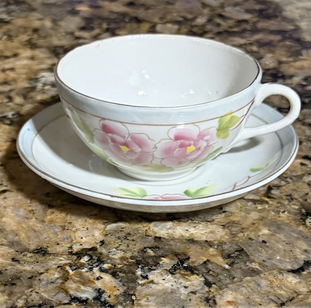 Vintage Red M Noritake Japan Teacup Saucer Set Hand Painted  #19322