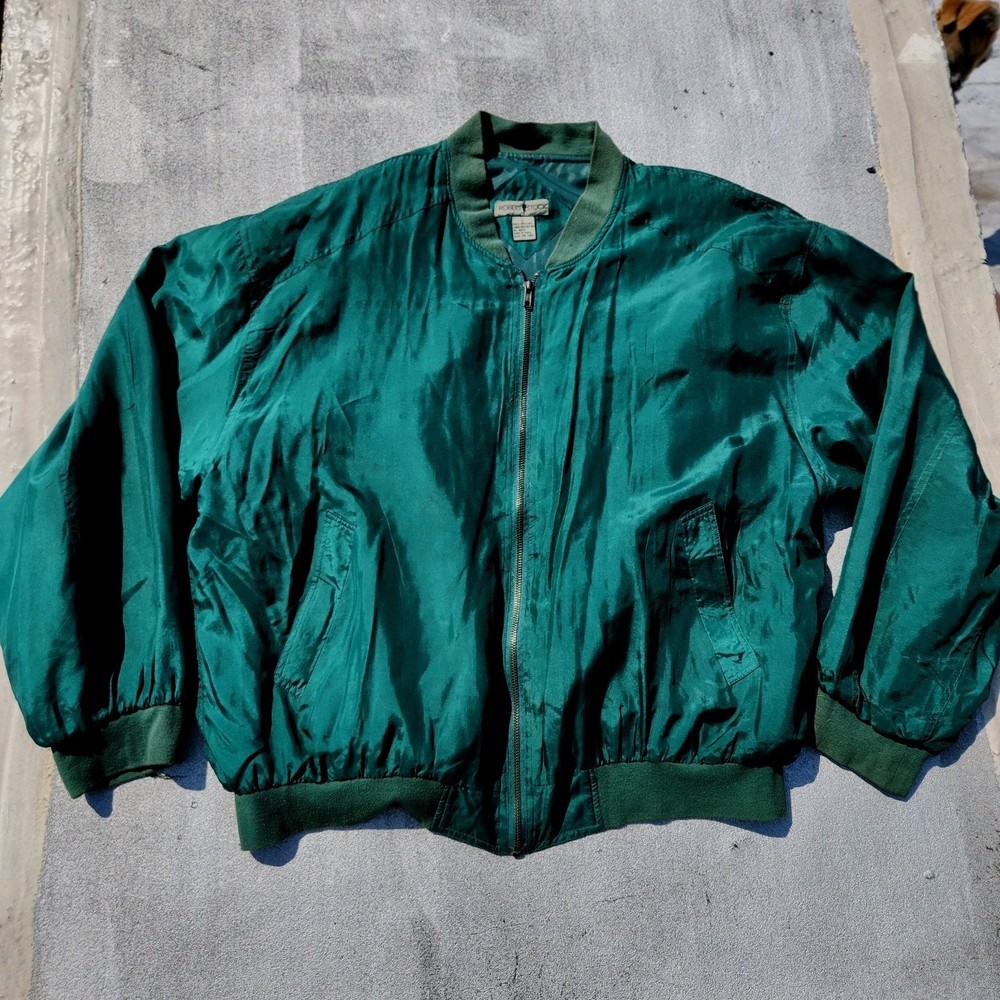 Vintage 1990s Robert Stock 100% Silk Jade Green Men's Sz L Bomber Jacket HipHop