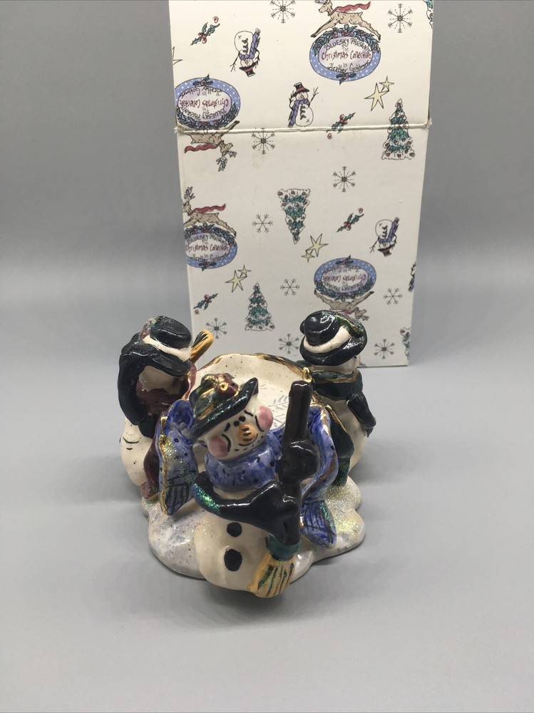 Vintage Heather Goldminc Snowman Trio Tealight Candle Holder Blue Sky Christmas