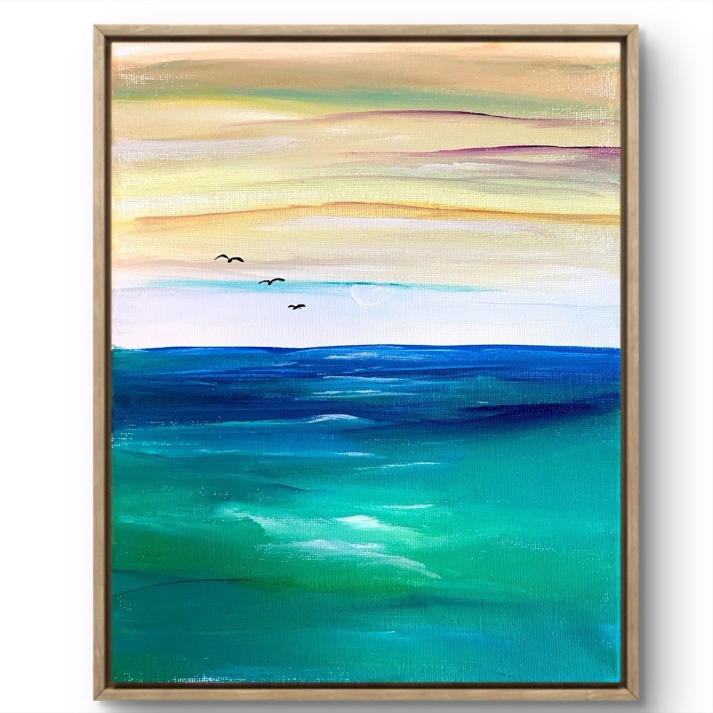 TITA PAINTZ Ocean Seascape Birds Teal Coastal Hand Painted Wall Art 8x10 Canvas