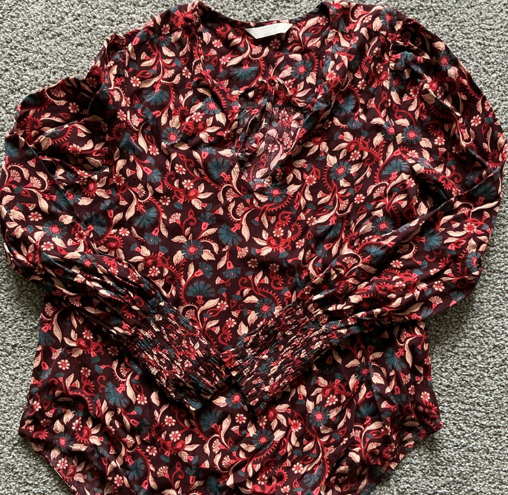 Lucky Brand Floral Tie Neck Rayon Blouse L Smocked Cuffs Long Sleeve