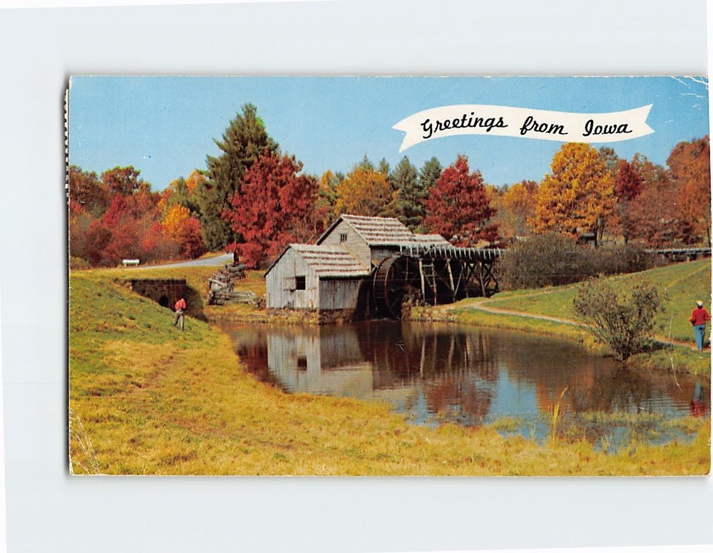 Postcard Autumn Foliage and Old Mill Greetings from Iowa USA