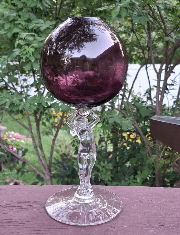 Vtg Cambridge Amethyst Purple Female Nude Lady Stem Ivy Ball Art Deco Glass Vase