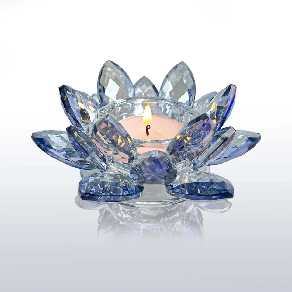 Crystal Lotus Flower Tealight Candle Holders/Glass Tea Light Blue 1ps