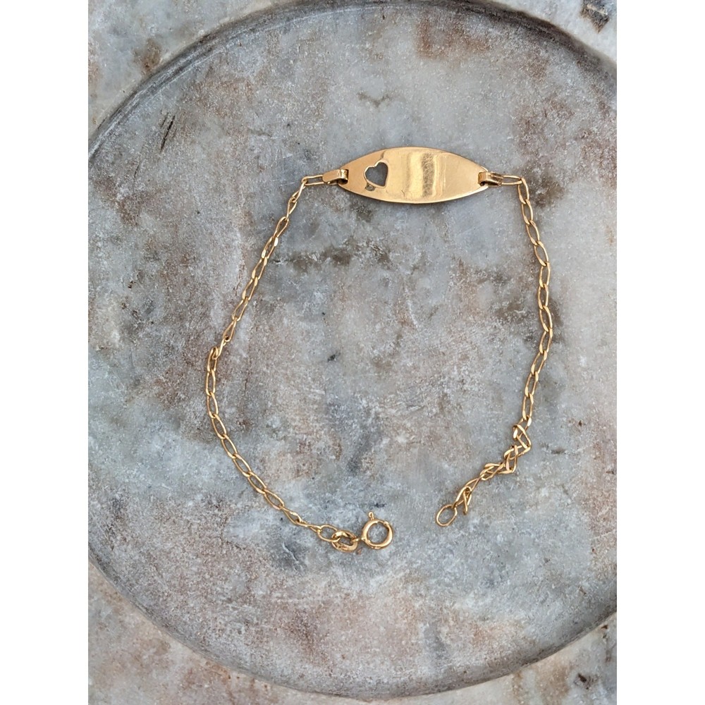 Vintage 14k Yellow Gold Dainty 1.8mm Chain Bracelet with Oval Tag Heart Cutout
