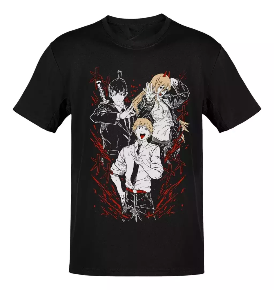Anime Chainsaw Man Denji Power Aki Letras Lineas Rojas T-Shirt Size S-5XL