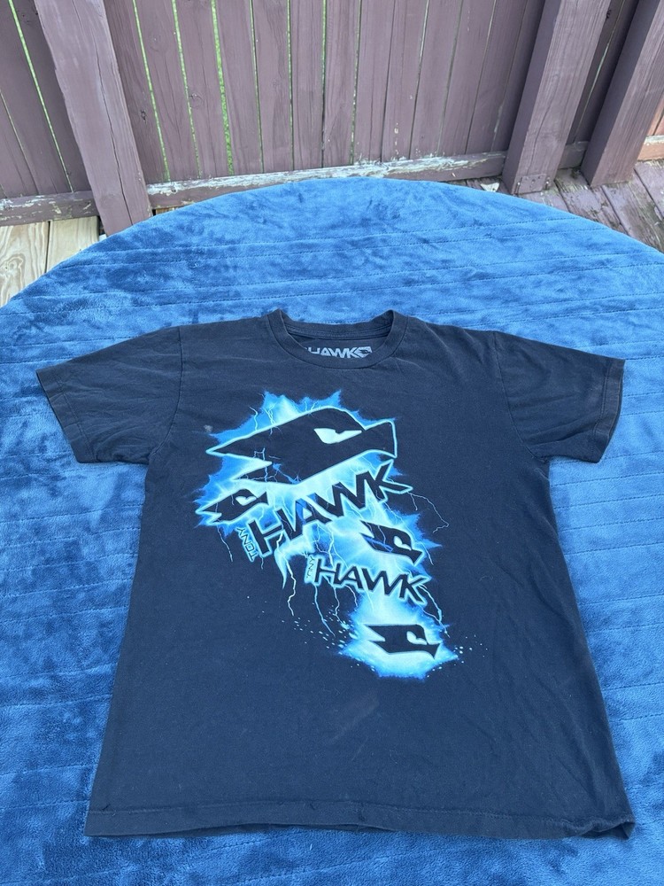 Vintage Black Y2K Tony Hawk Lightening Triple hawks Tee T shirt , Boys Med
